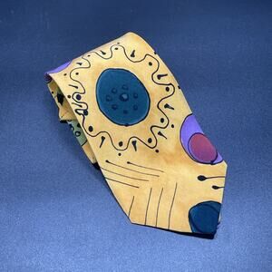 VTG Marienbad Hand Painted Abstract Art Necktie Yellow Purple Memphis Style 3.75